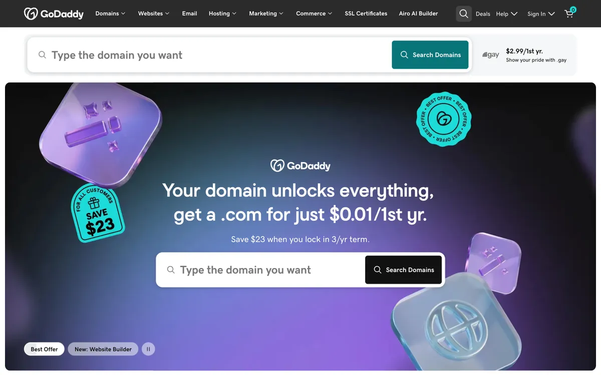 GoDaddy homepage